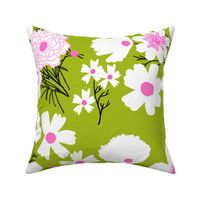 Retro Wildflowers Light Green, Hot Pink And White Silhouette Wildflower Field Mid-Century Modern Grandmillennial Cottage Floral Pattern