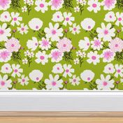 Loose Wildflowers Spring Garden Mix On Light Grass Green With Hot Pink Accents Mid-Century Modern Retro Flower Print Illustrated Silhouette Ditzy Cottage Farmhouse Meadow Floral Pattern