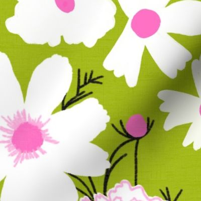 Retro Wildflowers Light Green, Hot Pink And White Silhouette Wildflower Field Mid-Century Modern Grandmillennial Cottage Floral Pattern