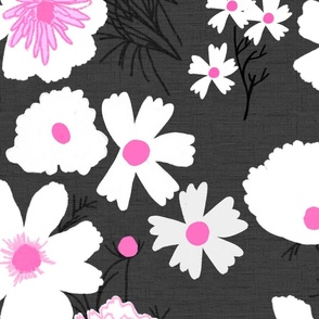 Loose Wildflowers Big Spring Garden Mix On Charcoal Black With Hot Pink Accents Mid-Century Modern Retro Flower Print Illustrated Silhouette Ditzy Cottage Farmhouse Meadow Floral Pattern 