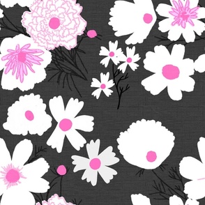 Loose Wildflowers Spring Garden Mix On Charcoal Black With Hot Pink Accents Mid-Century Modern Retro Flower Print Illustrated Silhouette Ditzy Cottage Farmhouse Meadow Floral Pattern 