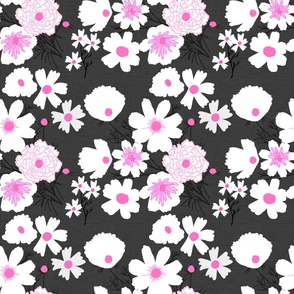 Loose Wildflowers Mini Spring Garden Mix On Charcoal Black With Hot Pink Accents Mid-Century Modern Retro Flower Print Illustrated Silhouette Ditzy Cottage Farmhouse Meadow Floral Pattern 
