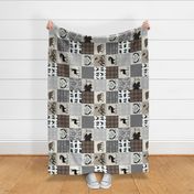 Adventure Awaits Woodland Cheater Quilt Top – Dark Brown, Gray Patchwork Blanket, GL-BB, rotated