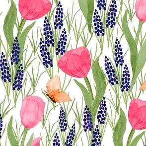 Pink Tulips and Muscari with Butterflies on Grass
