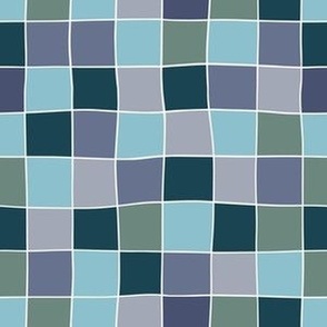 blue and green organic checker gingham, unisex blender for summer swimwear, hand drawn tiles, kids coastal design