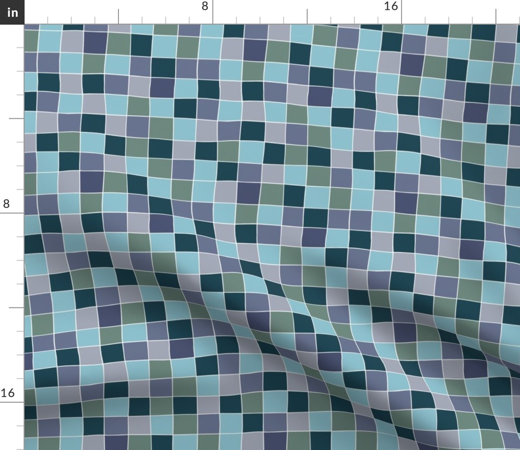 blue and green organic checker gingham, unisex blender for summer swimwear, hand drawn tiles, kids coastal design