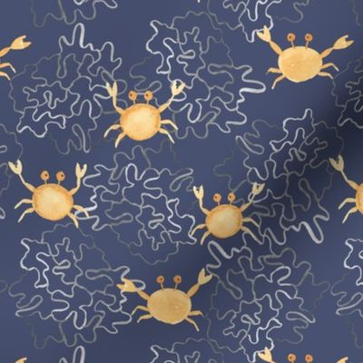 Cute coastal watercolor crabs on dark blue with hand painted coral