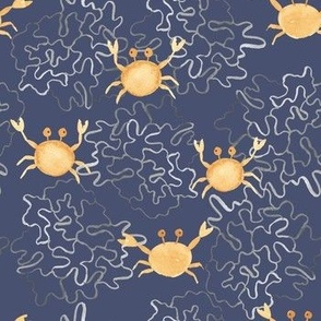 Cute coastal watercolor crabs on dark blue with hand painted coral