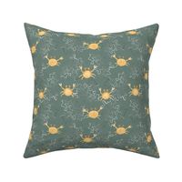 Cute coastal watercolor crabs on dark sage green with hand painted coral
