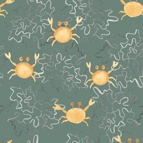 Cute coastal watercolor crabs on dark sage green with hand painted coral