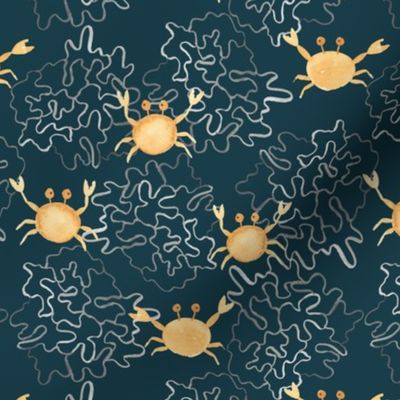 Cute coastal watercolor crabs on dark teal blue with coral