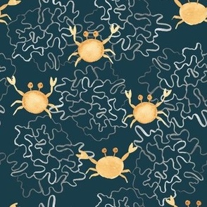 Cute coastal watercolor crabs on dark teal blue with coral