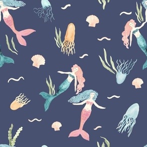 Watercolor mermaids swimming with jellyfish on blue, cute kids apparel or a coastal themed nursery