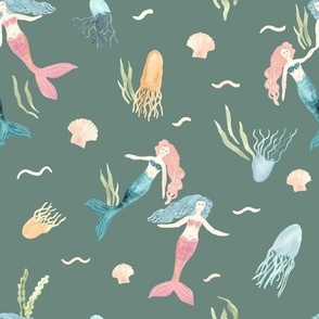 Watercolor mermaids swimming with jellyfish on sage green, cute kids apparel or a coastal themed nursery
