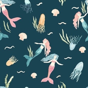 Watercolor mermaids swimming with jellyfish on dark teal blue, cute kids apparel or a coastal themed nursery
