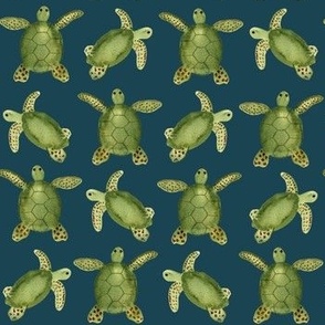 Hand painted watercolor turtles on dark teal green, great for coastal decor and kids apparel 