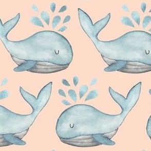 Watercolour whales in blue on pale pink, perfect for kids apparel and coastal home decor