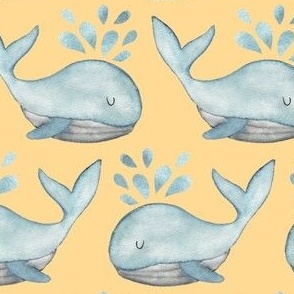 cute watercolor whales in blue on yellow