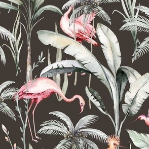 Tropical watercolor birds hummingbird, flamingo, palms, exotic jungle flowers 5