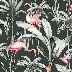 Tropical watercolor birds hummingbird, flamingo, palms, exotic jungle flowers 2