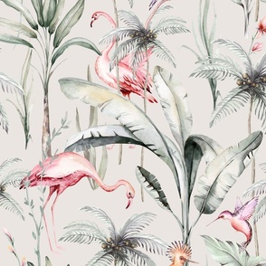 Tropical watercolor birds hummingbird, flamingo, palms, exotic jungle flowers 3