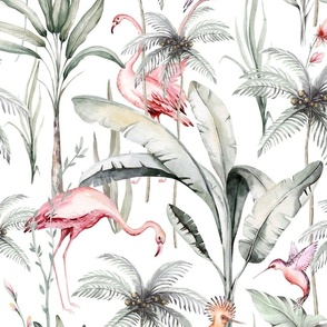 Tropical watercolor birds hummingbird, flamingo, palms, exotic jungle flowers 4