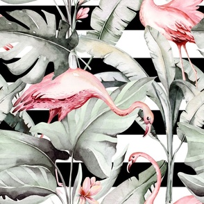 Tropical watercolor birds hummingbird, flamingo, palms, exotic jungle flowers  13