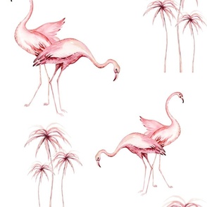 Tropical watercolor birds hummingbird, flamingo, palms, exotic jungle flowers 22