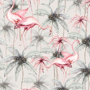 Tropical watercolor birds hummingbird, flamingo, palms, exotic jungle flowers 21