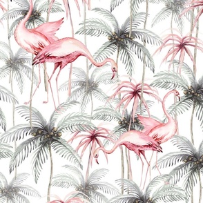 Tropical watercolor birds hummingbird, flamingo, palms, exotic jungle flowers 20