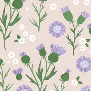Thistles blossom romantic Scandinavian style flower garden thistle and daisy design green purple lilac on blush beige  LARGE