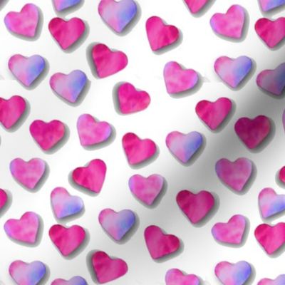 Hot pink and purple lilac watercolour hearts on white background