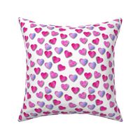 Hot pink and purple lilac watercolour hearts on white background