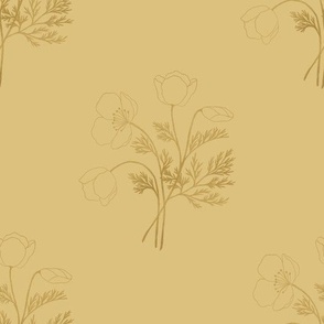 Pencil drawn poppy flowers bouquet on yellow background