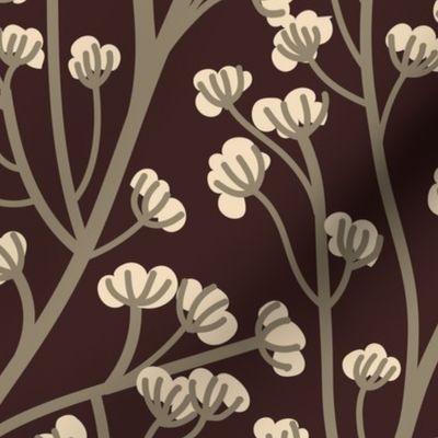 Normal scale // Boho wild flowering plant // expresso brown background ivory small flowers mushroom brown stem