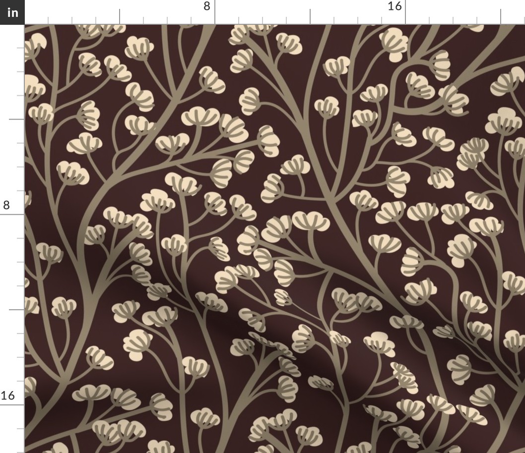 Normal scale // Boho wild flowering plant // expresso brown background ivory small flowers mushroom brown stem