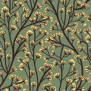 Normal scale // Boho wild flowering plant // dark sage green background salomie yellow small flowers expresso brown stem