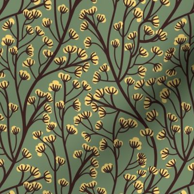 Small scale // Boho wild flowering plant // dark sage green background salomie yellow small flowers expresso brown stem