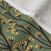 Small scale // Boho wild flowering plant // dark sage green background salomie yellow small flowers expresso brown stem