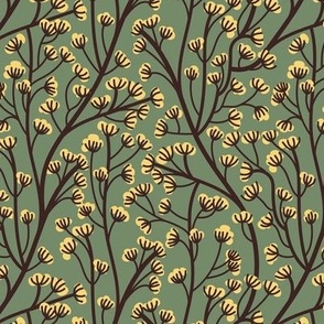 Small scale // Boho wild flowering plant // dark sage green background salomie yellow small flowers expresso brown stem