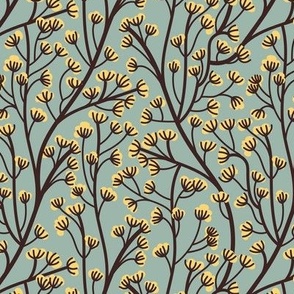 Small scale // Boho wild flowering plant // periglacial blue green background salomie yellow small flowers expresso brown stem