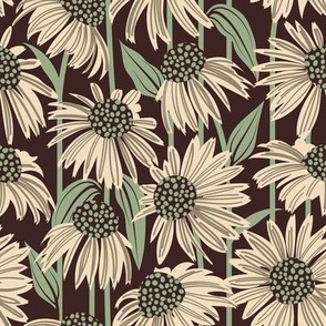 Small scale // Boho coneflowers // expresso brown background ivory and mushroom brown flowers sage green dots stalks and leaves