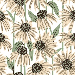 Normal scale // Boho coneflowers // white background ivory and mushroom brown flowers sage green dots stalks and leaves