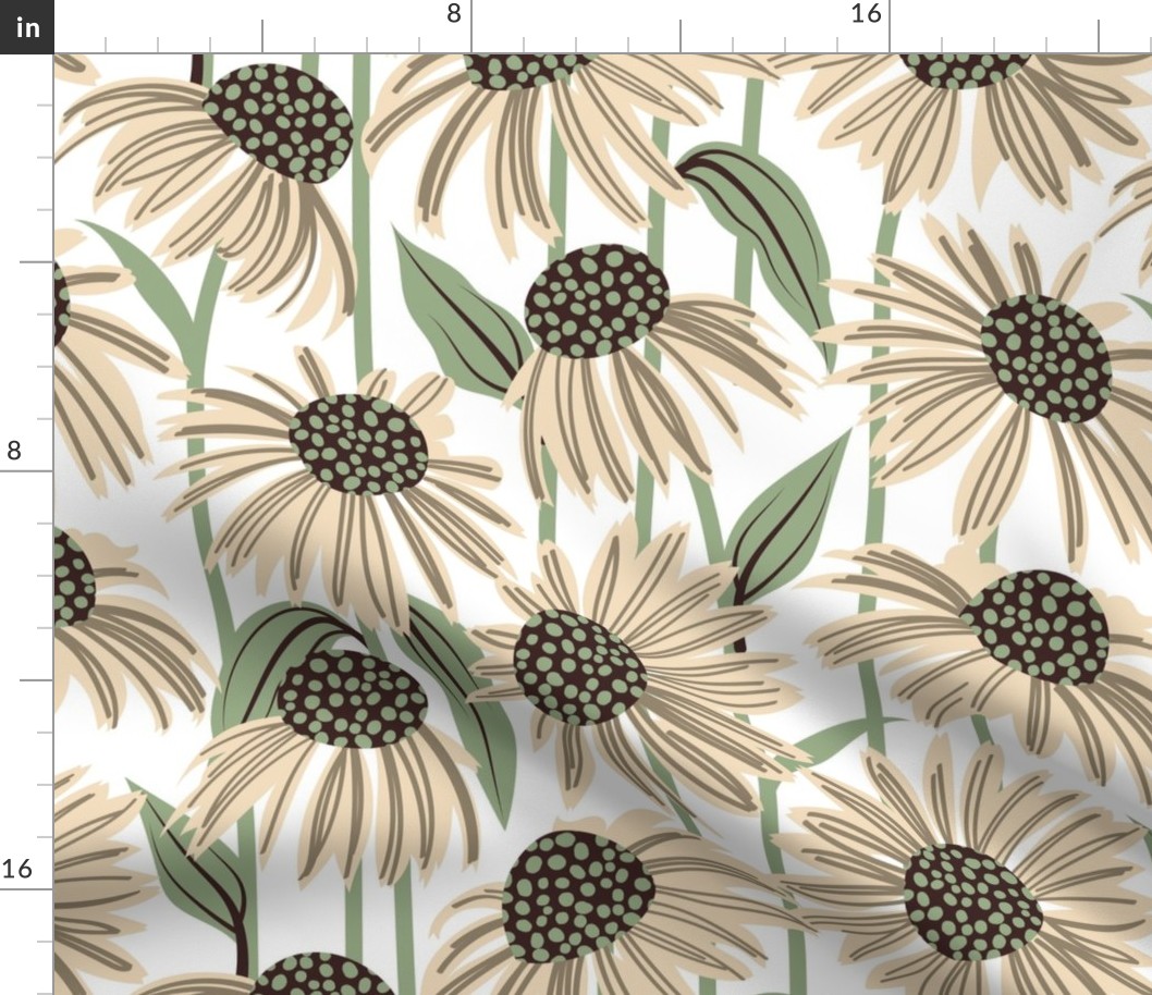 Normal scale // Boho coneflowers // white background ivory and mushroom brown flowers sage green dots stalks and leaves