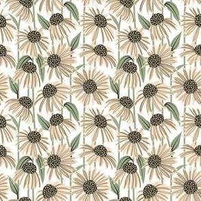 Tiny scale // Boho coneflowers // white background ivory and mushroom brown flowers sage green dots stalks and leaves