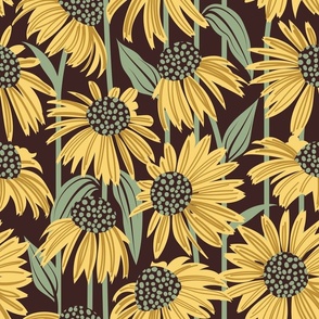 Normal scale // Boho coneflowers // expresso brown background mustard and salomie yellow flowers sage green dots stalks and leaves
