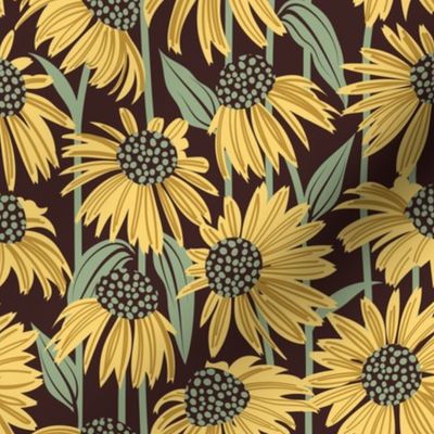 Small scale // Boho coneflowers // expresso brown background mustard and salomie yellow flowers sage green dots stalks and leaves