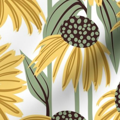 Normal scale // Boho coneflowers // white background mustard and salomie yellow flowers sage green dots stalks and leaves