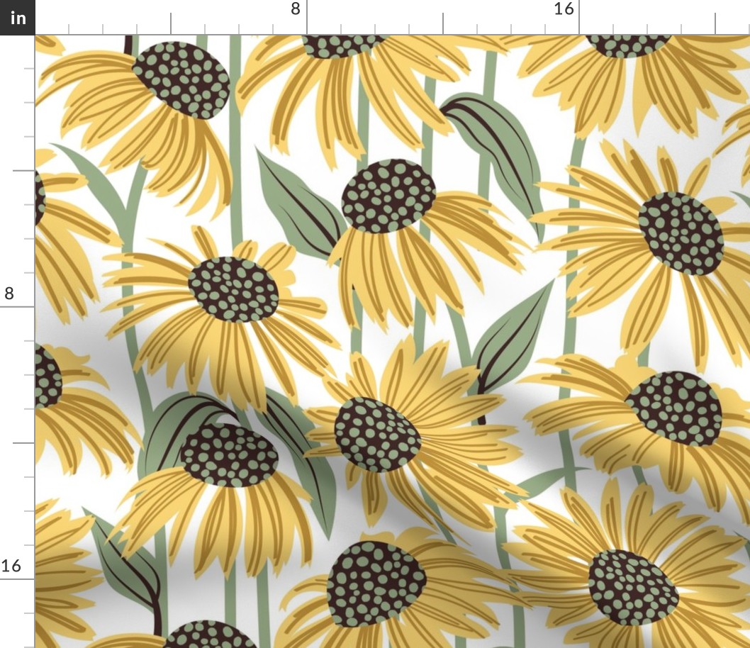 Normal scale // Boho coneflowers // white background mustard and salomie yellow flowers sage green dots stalks and leaves