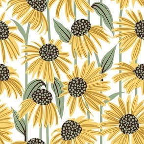 Small scale // Boho coneflowers // white background mustard and salomie yellow flowers sage green dots stalks and leaves